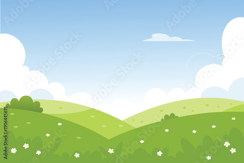 A peaceful landscape features rolling green hills under a bright blue sky