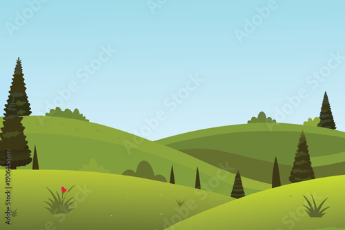 A simple cartoon illustration depicts rolling green hills and dark evergreen trees