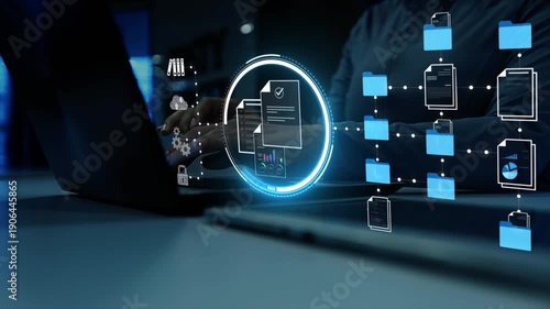 futuristic holographic interface of a file manager, folder structure with documents and data scanning, digital document storage software, cloud database, search and manage documents,paperless office, 