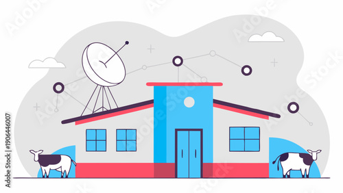 Smart farm building with satellite dish and cows vector illustration