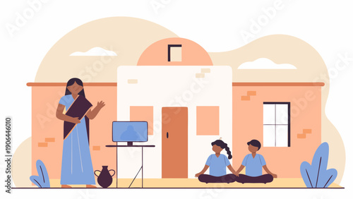 Woman guiding children in yoga practice outside a serene peach-colored house with a calm atmosphere