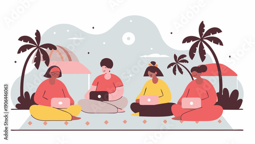 Diverse group of people working remotely outdoors with laptops vector illustration
