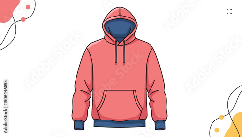 A trendy cartoon vector illustration of a pink and blue pullover hoodie with a front pocket, isolated on a white background with shapes.