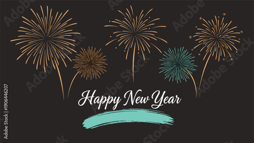 A festive Happy New Year greeting card design with gold and teal fireworks on a dark background and a turquoise brush stroke element.