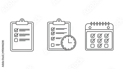 A set of three essential business line icons for planning and productivity, including a checklist, a timed task list, and a daily schedule.