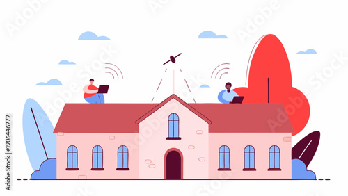 People working remotely from a house with a red roof and windmill nearby in a serene landscape illustration