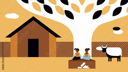 Minimalist vector illustration of two young girls reading books under a large tree next to a simple house and a white ox, depicting education and rural life in a warm brown and black color