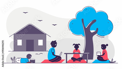 Family enjoying leisure time together outdoors in a serene village setting with house and tree