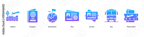 Immigration and Travel Essentials web banner vector illustration featuring Airport, Passport, Destination, Visa, ID card, Bus, and Plane ticket.
