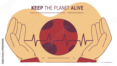 Illustration of hands cradling the Earth with a heartbeat line, symbolizing environmental conservation and sustainability efforts from a global perspective