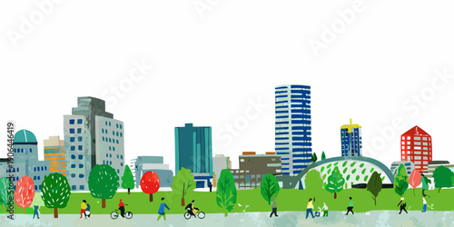 A colorful illustration depicts a vibrant cityscape with people and trees