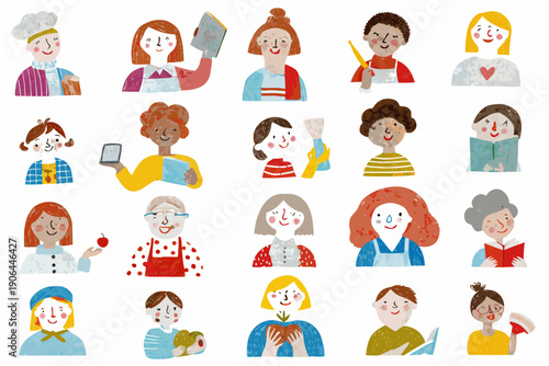 Diverse group of illustrated women with varying hairstyles and professions