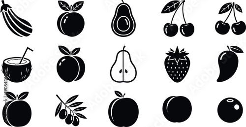Set of black and white fruit and vegetable silhouette icons featuring avocado cherry mango and strawberry for healthy food design