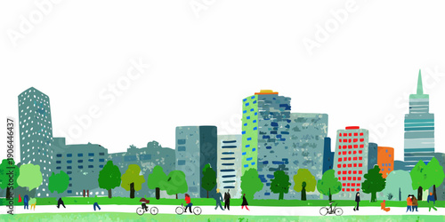 Stylized illustration of a city skyline with a park in the foreground