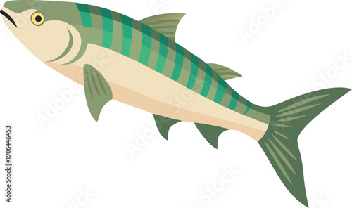 A cartoon illustration depicts a green and beige striped fish swimming left
