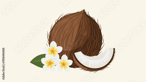 A beautiful vector illustration of a whole tropical coconut with a slice and three white plumeria flowers, on a light background.