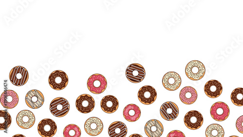 A decorative border of assorted cartoon donuts with different icings and sprinkles, creating a fun frame with copy space in the middle.