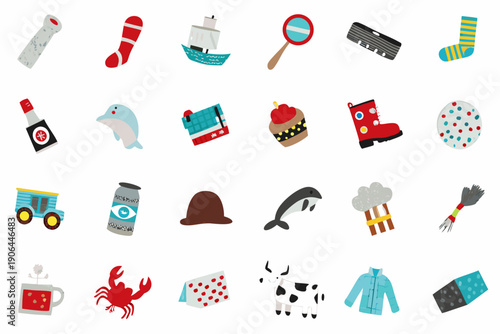 Colorful assortment of flat lay icons depicting various objects and themes