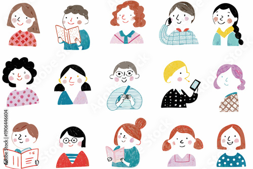 Diverse group of illustrated women with varying hairstyles and activities