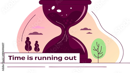 An hourglass illustration depicting the passage of time with silhouettes and a growing tree, conveying urgency and environmental awareness.