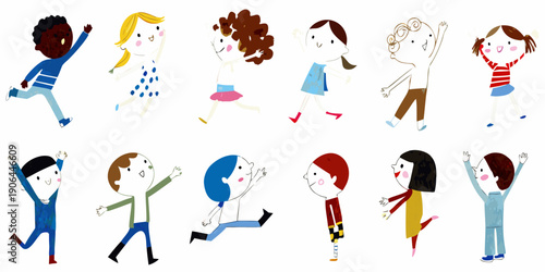 Diverse group of illustrated children joyfully raising their hands and running
