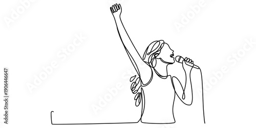 Continuous line drawing of a woman singing passionately with one arm raised