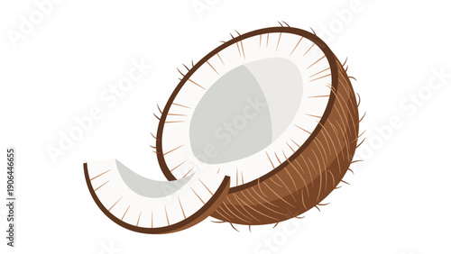 A simple and clear vector illustration of a halved hairy brown coconut with a smaller slice cut from it, isolated on white background.