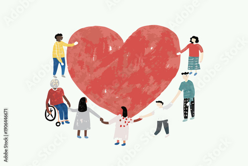 Diverse group of people collaboratively holding a large red heart illustration