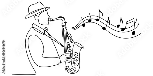 Minimalist continuous line drawing of a musician playing saxophone with musical notes