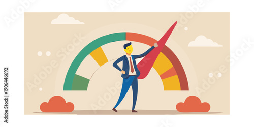 Business performance evaluation a man adjusts a speed gauge towards the green