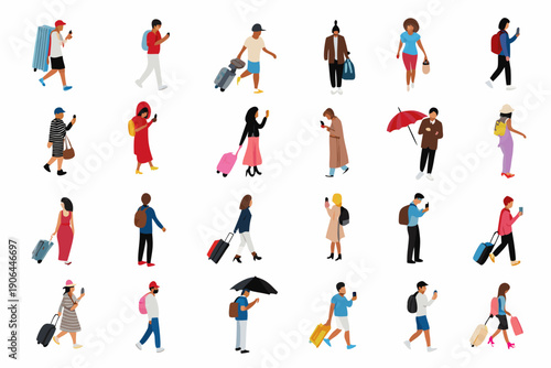 Diverse group of cartoon people walking in various styles and outfits