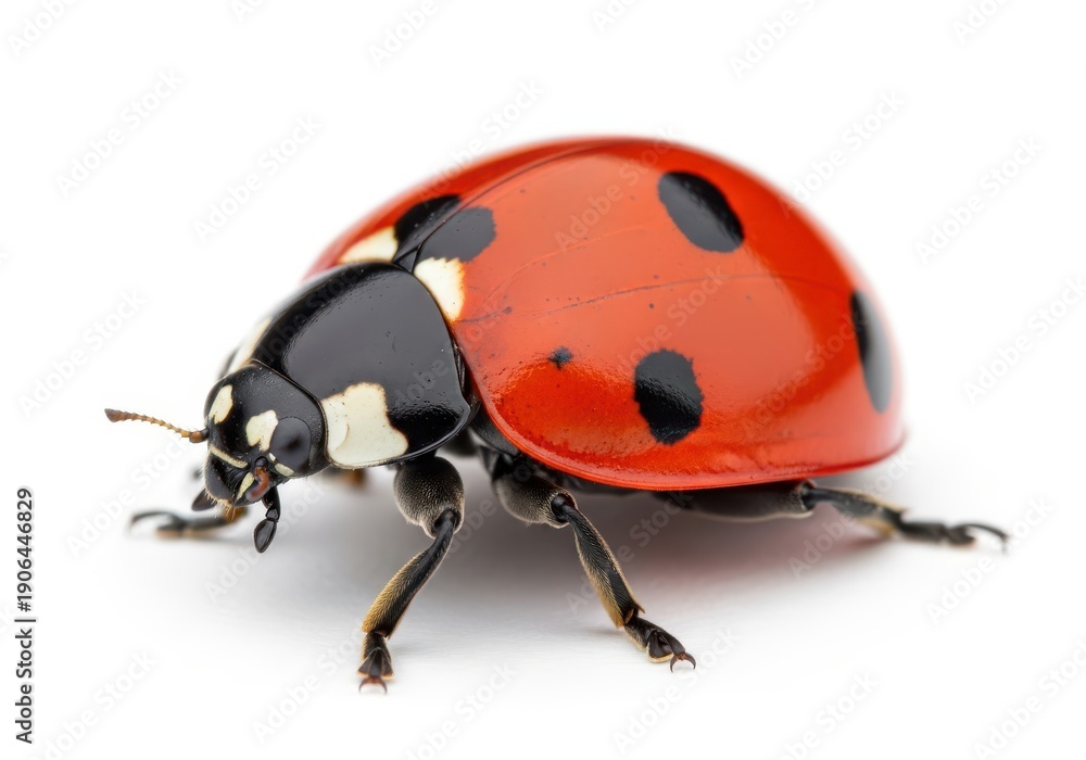 Fototapeta premium Brightly colored insect with black spots rests isolated on a clean white background