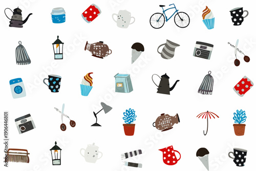 Collection of colorful whimsical icons depicting everyday objects and designs