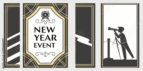 Art Deco New Year Event Poster – Elegant Black Gold Minimalist Celebration Invitation Design for Parties, Promotions, Announcements & Holiday Marketing