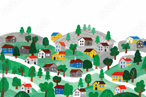 Colorful illustration of a quaint village nestled within rolling green hills