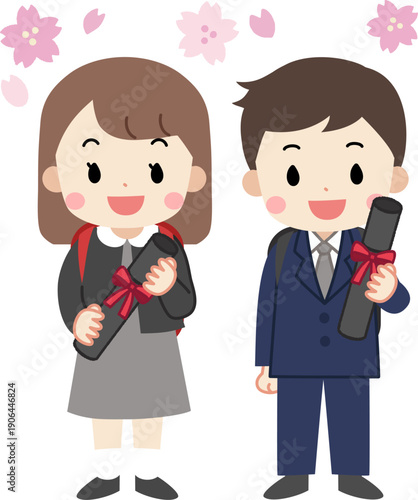 学校卒業式に出席する子供達のイラスト