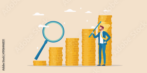 Business growth illustration a man observes increasing financial charts and coins