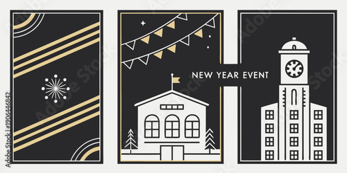Art Deco New Year Event Poster Set – Starburst Panel, Pennant‑Top Building Illustration, Clock Tower Design in Black‑Gold Urban Style