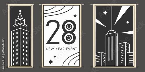 Art Deco New Year Event Poster Set – Spire Building Panel, “28 New Year Event” Centerpiece, Radiant Cityscape Illustration in Black‑Gold Urban Style