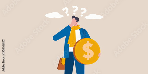 A businessman contemplates financial uncertainty with question marks overhead