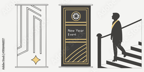 New Year Event Banner – Cinematic Geometric Design, Black Gold Modern Style, Film Reel & Clapperboard Festive Graphic for Entertainment Promotions