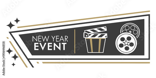Modern New Year Event Banner – Black Gold Geometric Cinematic Design with Film Reel & Clapperboard Icons for Premium Festive Promotions and Creative Marketing Assets