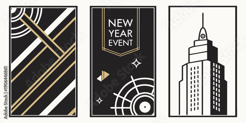 Art Deco New Year Event Panels – Black Gold Geometric Architecture Design for Premium Festive Posters, Modern Celebration Graphics, and Elegant Promotional Layouts