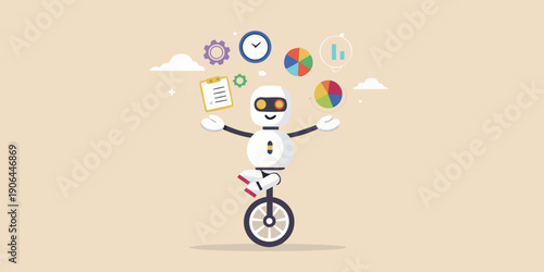 A playful robot balances on a unicycle surrounded by colorful digital icons