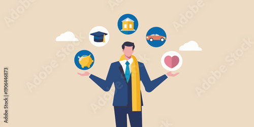 A man balances life s priorities career education love security and possessions