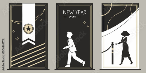 Art Deco New Year Event Panels – Black Gold Geometric Silhouette Poster Set for Premium Festive Branding, Modern Celebration Graphics, and Elegant Promotional Design Assets