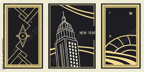 Art Deco New Year Panels – Black Gold Geometric Architecture Poster Set for Elegant Festive Branding, Modern Celebration Graphics, and Premium Promotional Design Assets