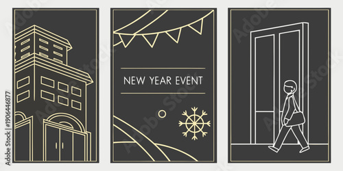 Modern New Year Event Panels – Black Gold Line‑Art Architecture Poster Set for Elegant Festive Branding, Minimal Celebration Graphics, and Premium Promotional Design Assets