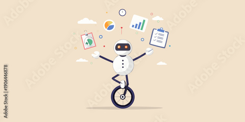 A robotic figure balances on a unicycle amidst floating business data