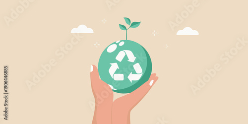 A hand holding a green egg with a recycling symbol and sprouting plant